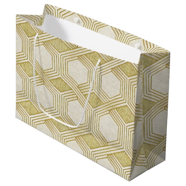 Luxurious Gold Hexagon Pattern - Marble Texture Large Gift Bag (Front Angled)