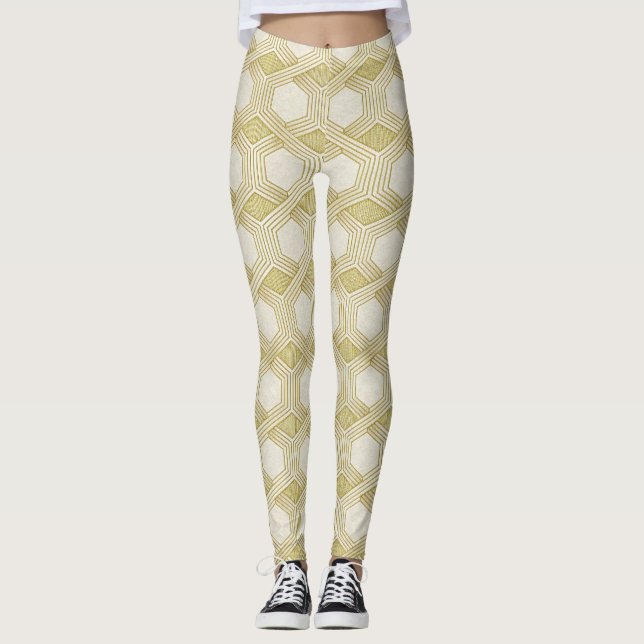Luxurious Gold Hexagon Pattern - Marble Texture Leggings (Front)