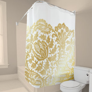 luxurious gold lace on white shower curtain
