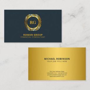 Luxurious Gold Laurel Leaves Crest on Rustic Blue Business Card