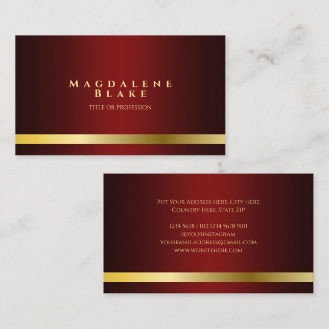 Luxurious Gold Line Minimalist Red Burgundy Business Card (Front/Back)