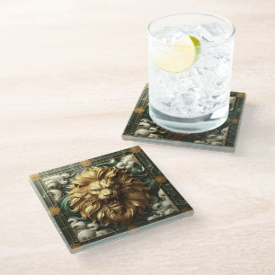 Luxurious Gold Lion with Piercing Stare Glass Coaster