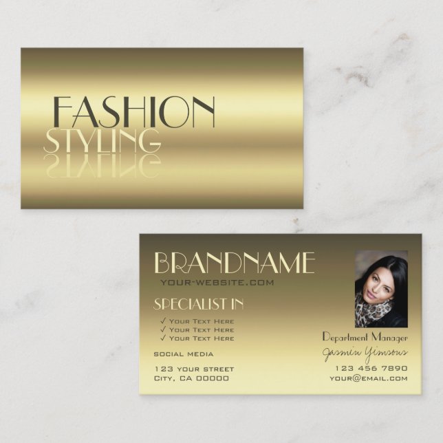 Luxurious Gold Modern Mirror Letters with Photo Business Card (Front/Back)