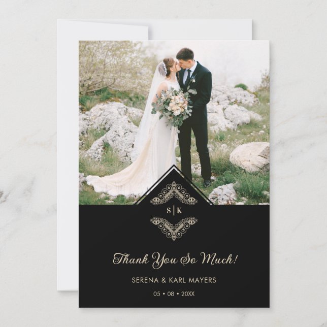 Luxurious Gold Ornamental Flourish Photo in Black Thank You Card (Front)