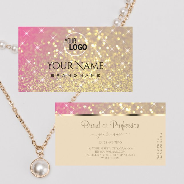 Luxurious Gold Pink Purple Glitter Stars add Logo Business Card (Creator Uploaded)