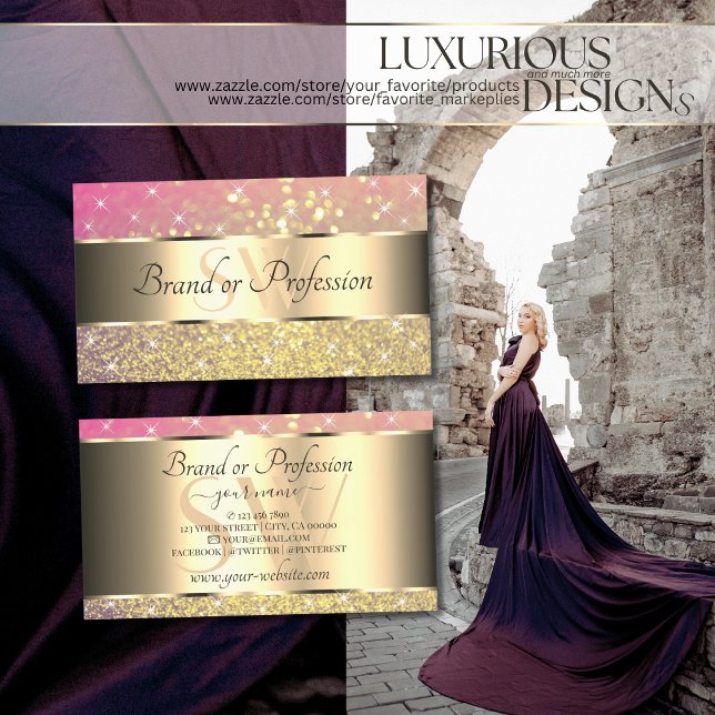 Luxurious Gold Pink Purple Glitter Stars Monogram Business Card (Creator Uploaded)