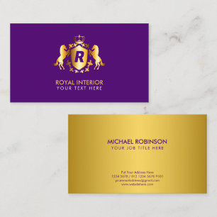 Luxurious Gold Royal Emblem Initial on Purple Business Card