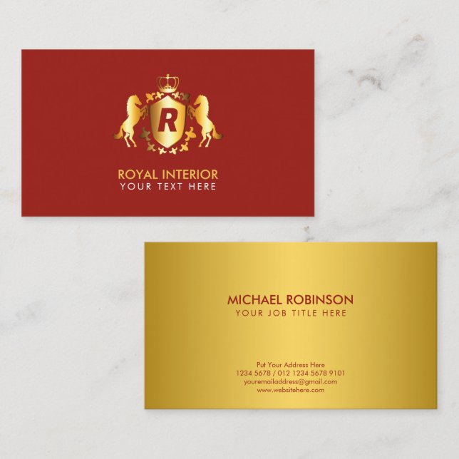Luxurious Gold Royal Emblem | Initial on Red Business Card (Front/Back)