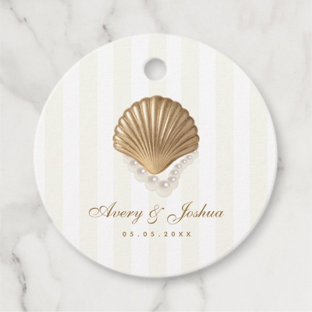 Luxurious Gold Seashell & Pearls Coastal Wedding Favour Tags (Front)