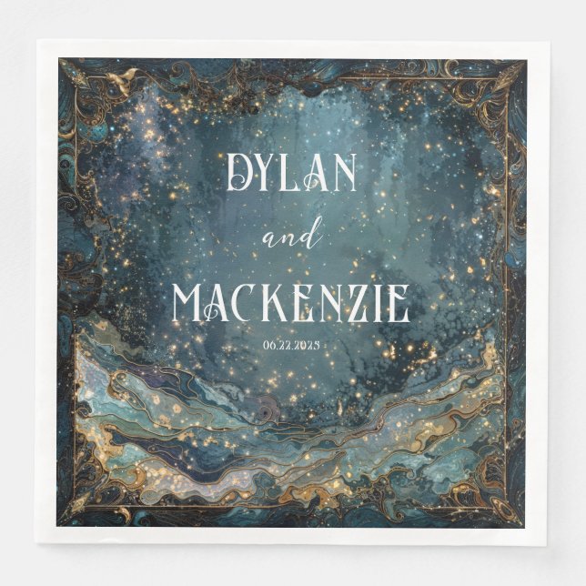 Luxurious Gold Teal Nebula Celestial Wave Abstract Napkin (Front)