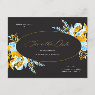 luxurious gold turquoise floral save the date postcard