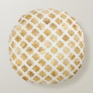 Luxurious, Gold White Lattice Pattern, Crisscross Round Cushion