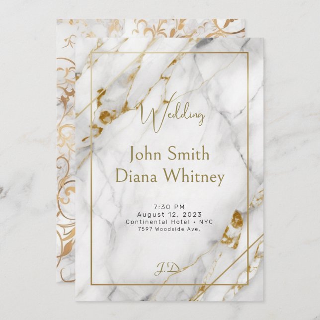 Luxurious Gold & White Marble Wedding Invitation (Front/Back)