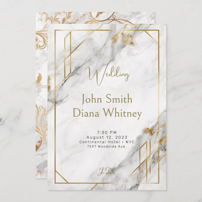 Luxurious Gold & White Marble Wedding Invitation (Front/Back)