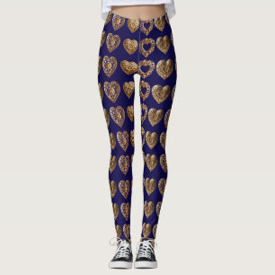 Luxurious Golden Baroque Hearts Pattern on Navy Bl Leggings