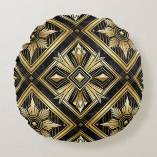 Luxurious Golden Geometric 1920's Dimond Art Deco Round Cushion