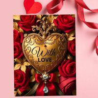 Luxurious Golden Heart with Red Roses and Ribbon