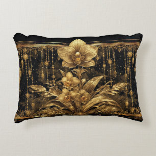 Luxurious Golden Orchid Floral Artwork Decorative Cushion