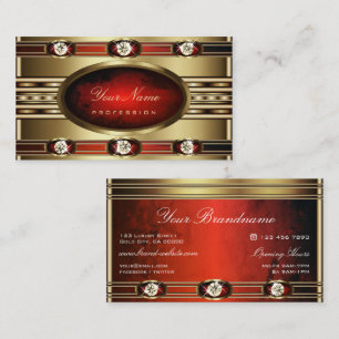 Luxurious Golden Red Marbled Pattern and Diamonds Business Card