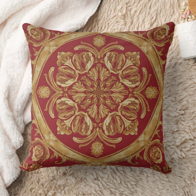 Luxurious Golden Red Ornate Accent Pillow for Sofa (Blanket)