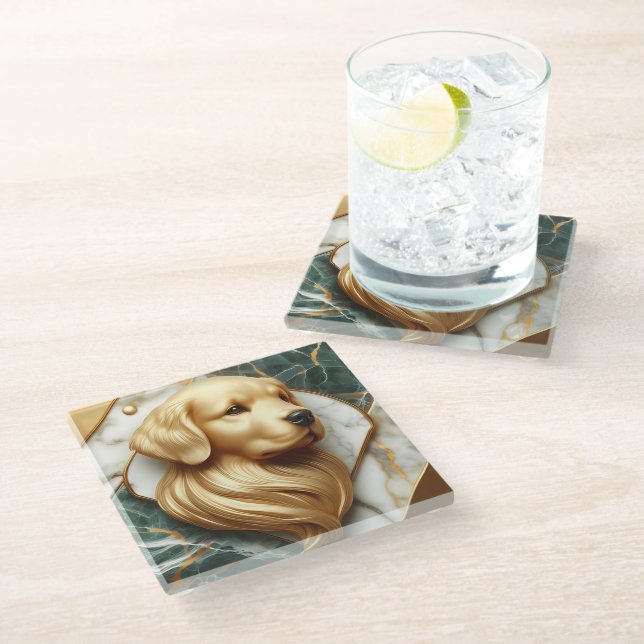 Luxurious Golden Retriever Marble Detail Glass Coaster (Angled)