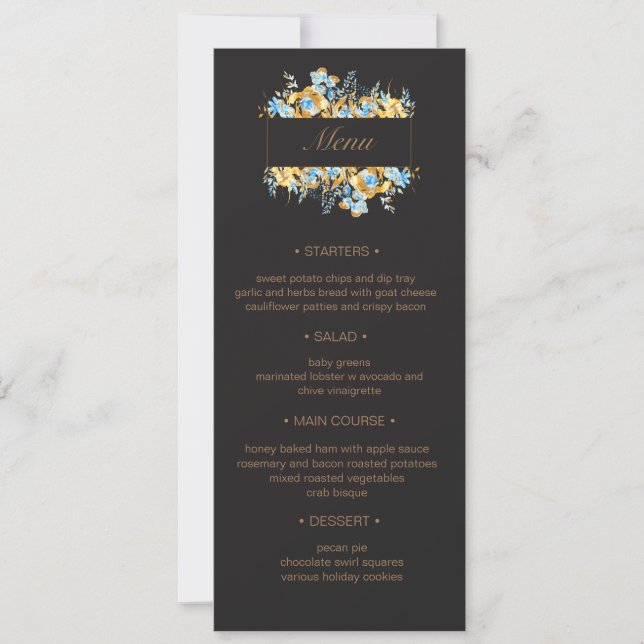 luxurious golden turquoise floral Wedding Menu Invitation (Front)