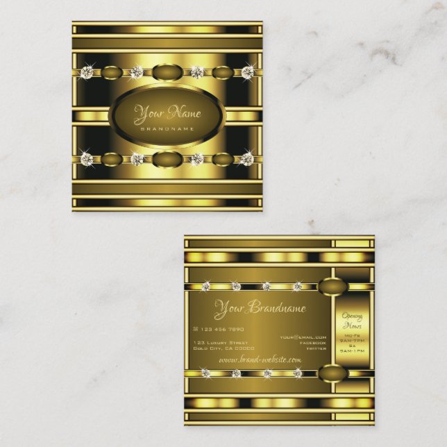 Luxurious Golden with Luminous Faux Rhinestones Square Business Card (Front/Back)