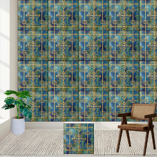 Luxurious Greek Key Tile in Teal and Gold