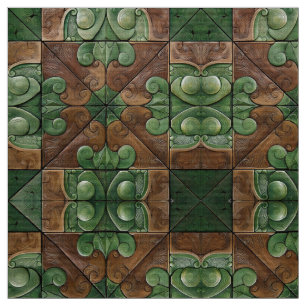 Luxurious Green and Brown Ornate Tile Fabric