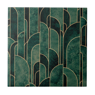 Luxurious Green and Gold Art Deco Pattern Ceramic Tile