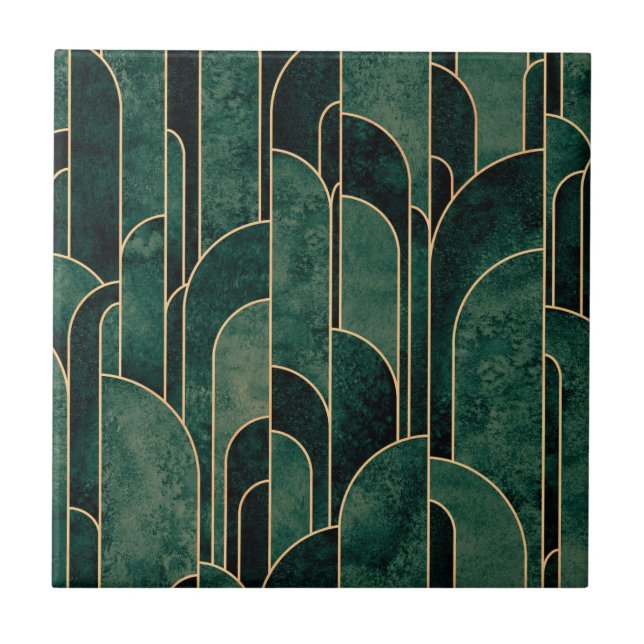 Luxurious Green and Gold Art Deco Pattern Ceramic Tile (Front)
