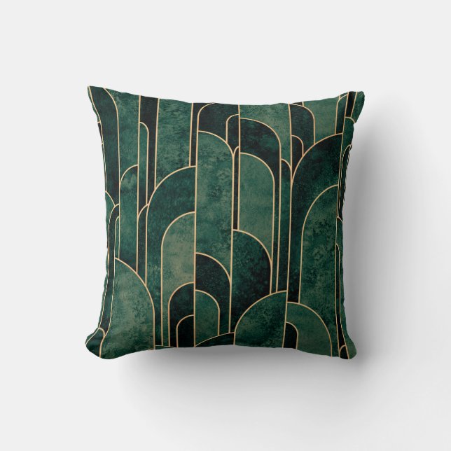Luxurious Green and Gold Art Deco Pattern Cushion (Front)