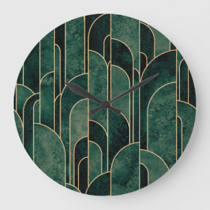 Luxurious Green and Gold Art Deco Pattern Large Clock