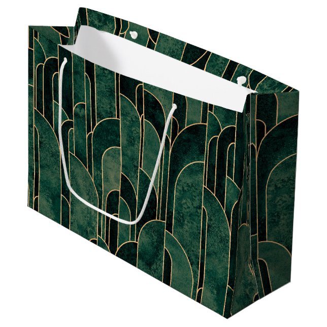 Luxurious Green and Gold Art Deco Pattern Large Gift Bag (Front Angled)