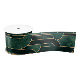 Luxurious Green and Gold Art Deco Pattern Satin Ribbon