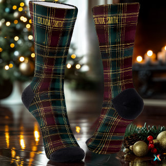 Luxurious Green & Burgundy Christmas Plaid Custom Socks