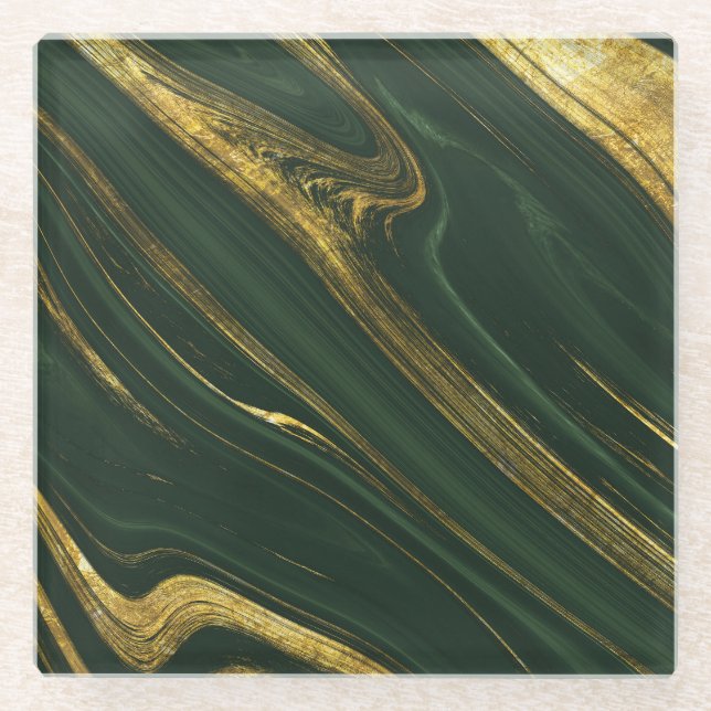 Luxurious Green Onyx: Golden Marble. Glass Coaster (Front)
