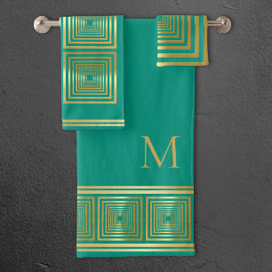 Luxurious green turquoise gold name initial Towel