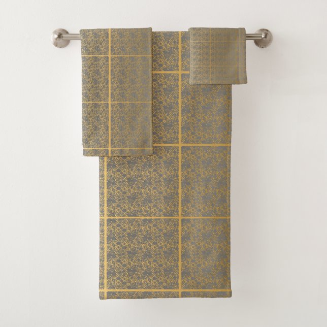 LUXURIOUS LACE PRINT GREY GOLD HAMPTON TOWEL SET (Insitu)
