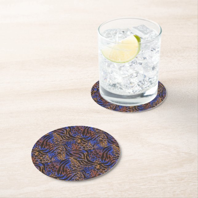 Luxurious Leopard and Zebra Print Pattern Round Paper Coaster (Insitu)