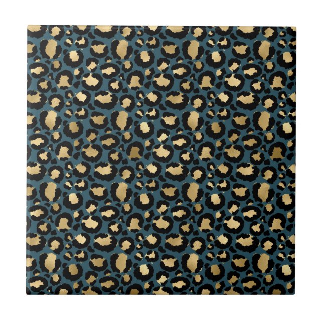 Luxurious Leopard Spots Dark Blue Wild Glam Ceramic Tile (Front)