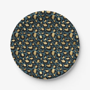 Luxurious Leopard Spots Dark Blue Wild Glam Paper Plate