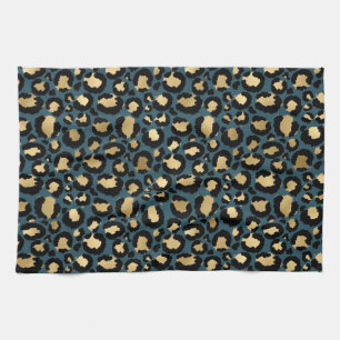Luxurious Leopard Spots Dark Blue Wild Glam Tea Towel