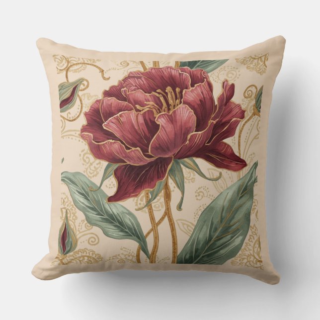 Luxurious, Maroon ,Gold Flowers Design Art  Cushion (Front)