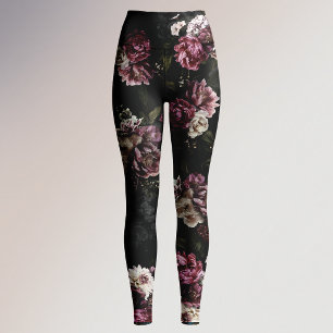 luxurious moody rose white floral bloom leggings