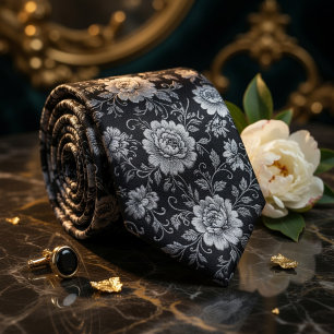 Luxurious Navy Blue Gold Floral Damask Tie