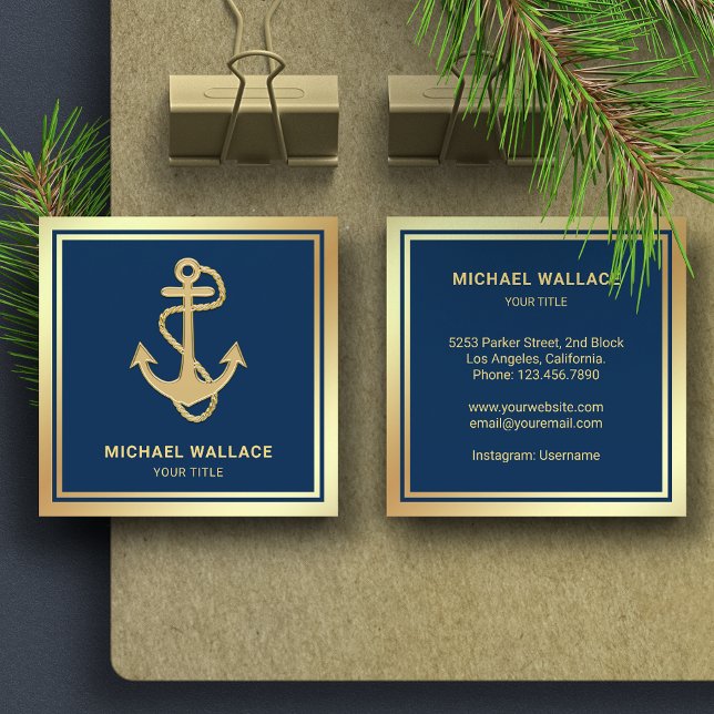 Luxurious Navy Blue Gold Foil Nautical Rope Anchor Square Business Card (Creator Uploaded)