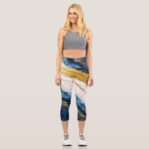 Luxurious Navy Blue & Gold Leaf Marble Capri Leggings