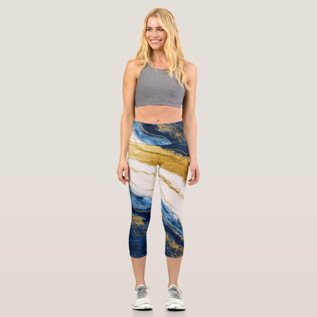 Luxurious Navy Blue & Gold Leaf Marble Capri Leggings (Front)