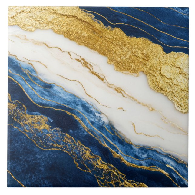 Luxurious Navy Blue & Gold Leaf Marble Ceramic Tile (Front)